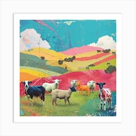 Rainbow Farm Animals In The Field Art Print