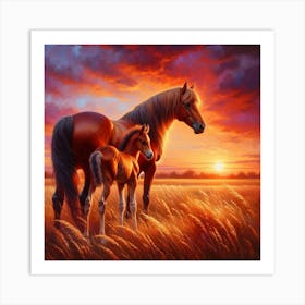 Horse And Foal At Sunset 11 Art Print