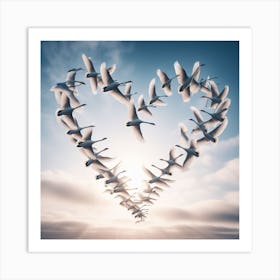 Swans Flying In A Heart Shape Art Print