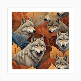 Wolves In Autumn Leaves Art Print