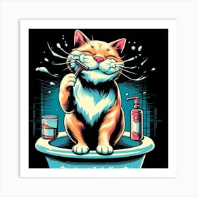 Cat Brushing Teeth Art Print