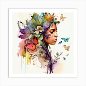 Watercolor Floral Indian Native Woman #10 Art Print