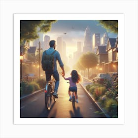Father And Daughter Riding on Street Art Print