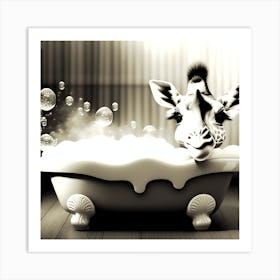 Giraffe In Bath watercolor style cute, happy baby giraffe holding a bath brush and smiling in an old bathtub, with Bubble Bath, Art Print