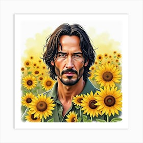 Watercolor Portrait Of Keanu Reeves In A Vibrant Field Of Sunflowers Art Print