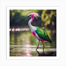 Green, White and Pink Crested Wading Bird Art Print