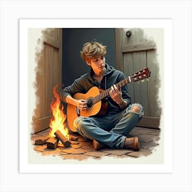 Watercolor Of Justin Bieber In A Rustic Setting, Playing Guitar By A Fire Art Print