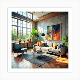 Modern Living Room With Large Window And Plants Art Print