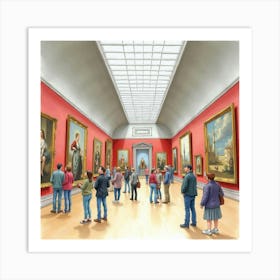 Watercolor View Of An English Art Museum With Visitors Exploring Exhibits 1 Art Print