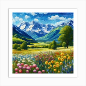 Meadow In The Mountains With Rolling Hills, And Wildflowers painting Art Art Print