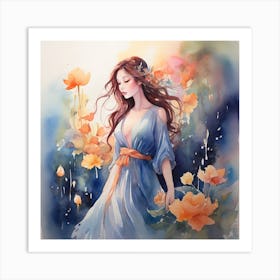 Watercolor Of A Girl With Flowers Art Print