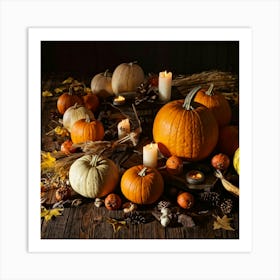 Pumpkins On A Wooden Table Art Print