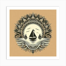 Boho art Silhouette of Sea and sailboat 2 Art Print