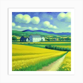 The Farmhouse Dream Rolling Fields and Cows Field Of Yellow Art Print