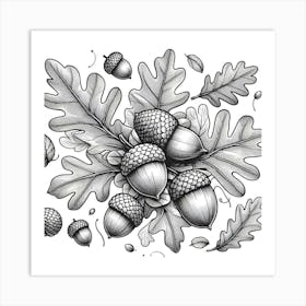 Line Art acorns and leaves 1 Art Print