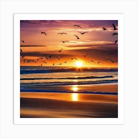 Birds Flying In The Sky At Sunset Art Print