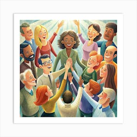 United In Celebration: A Diverse Group Of People High Five, Radiating Joy And Unity Art Print