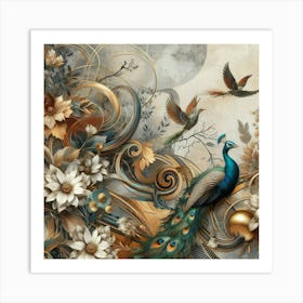 Peacocks And Flowers 1 Art Print