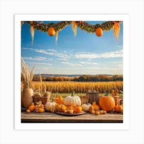 Autumnal Harvest Scene Capturing A Gourd Squash And Pumpkin Amongst A Field Of Corn Under A Cornfl (3) Art Print