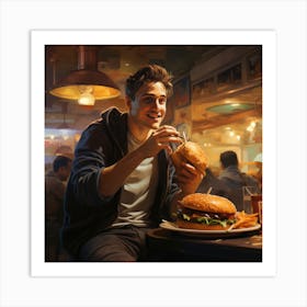 American diner Man eating burger Art Print