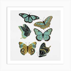 Texas Butterflies   Mint And Gold Square Art Print