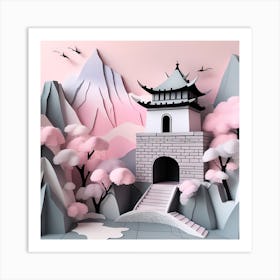 3d Paper Asian Style Soothing Pastel Landscape Art Print