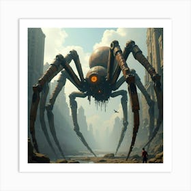 Giant Mechanical Spider Crawling Through A Futuristic, Steampunk Cityscape 1 Art Print