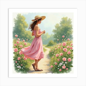 French Woman In A Romantic Garden, Watercolor With Gentle, Blooming Colors 1 Art Print