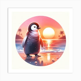 Cute Penguin Sunset Beach Art Print