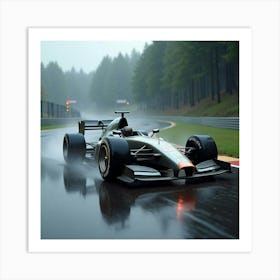 Futuristic Formula Car Navigating A Wet, Winding Track Under A Rainstorm 1 Art Print