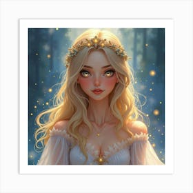 Radiant Young Queen In A Watercolor Setting With Ethereal, Sparkling Lights Art Print