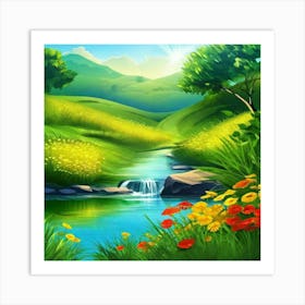 Landscape With Stream And Flowers Art Print