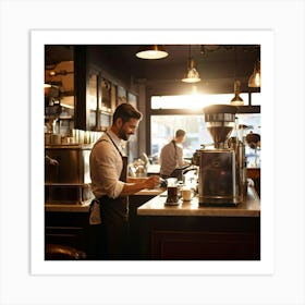 Cafe Interior Early Morning Barista Clad In A Crisp Apron With Visible Badges Of Skill Steam Waft (4) Art Print