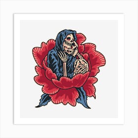 Skeleton On A Rose Art Print