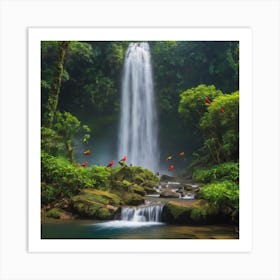 Nature Waterfall With Birds Art Print