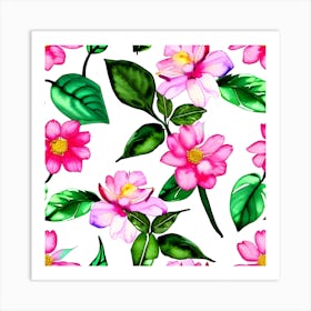 Seamless Pattern With Pink Flowers And Leaves Art Print