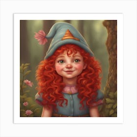  Cute Gnome Girl, Red Curly Hair, From The Woods, Vibrant, Adorable, Playful, Lush, Joyful, Detailed Art Print