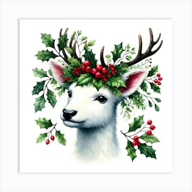 Festive White Reindeer with Holly and Berries Digital Art Art Print