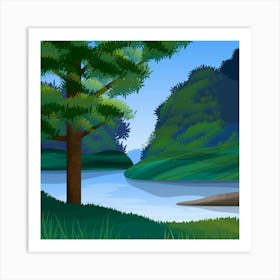 Stylized Landscape Scenic Forest Tree River Environment Vista Green Blue Summer Woods Trunk Branches Nature Art Print