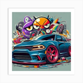 Blue Dodge Charger Hellcat Vehicle Colorful Comic Graffiti Style Art Print