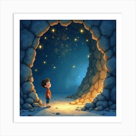 Little Boy Looking At Stars In The Cave Art Print