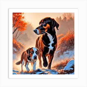 Two Dogs Walking In The Snow Art Print