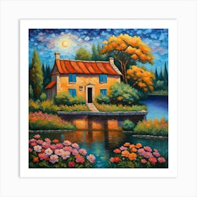 Idyllic Retreat: Golden sun at the Waterfront Abode wall art Art Print