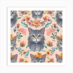 cat floral pattern Art Print