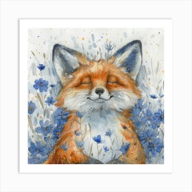 Lena1987 Cute Newborn Fox In Flowers Blue White Grey Colours 3 Art Print