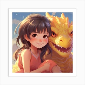 Cute Girl With A Dragon Anime Art Print