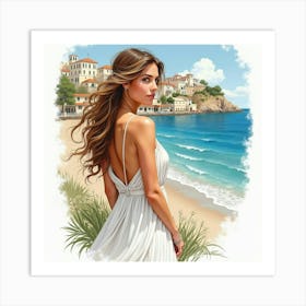 Beautiful Greek Woman In Watercolor, With The Scenic Charm Of A Seaside Village In The Distance 1 Art Print