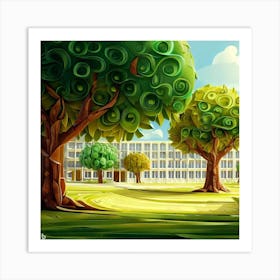 School Building With Trees Art Print