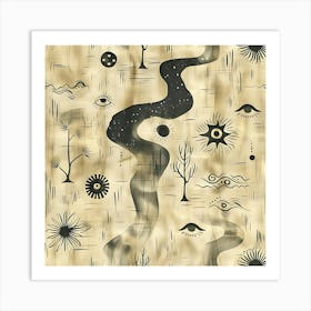 Abstract Beige Textile Design With River Eyes Stars And Trees Art Print