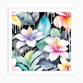 Seamless Tropical Floral Pattern Monochromatic Watercolor Art Print